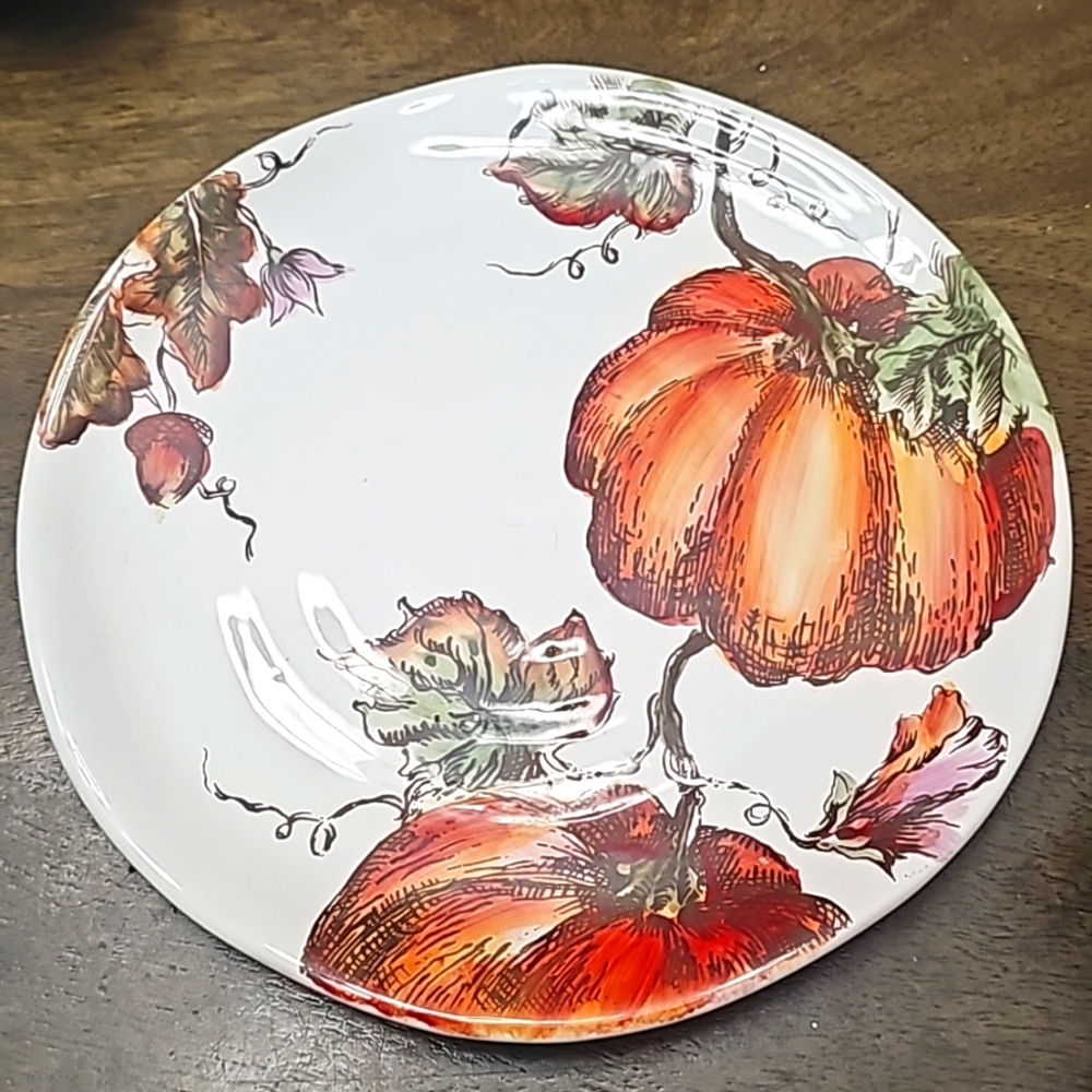 Pumpkin Sketch Scalloped Dinner Plate Maxcera 8.5” Fall Leaves Acorn Autumn